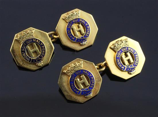 A pair of early 20th century gold and blue enamel regimental? octagonal cufflinks,